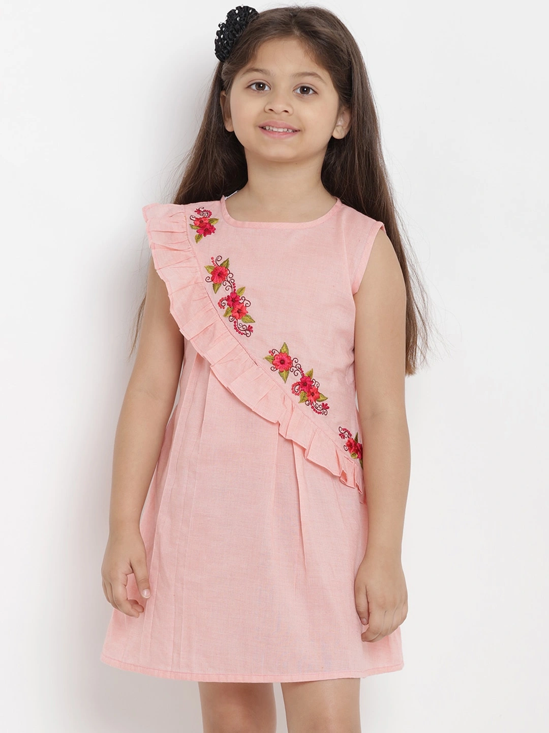 Bitiya by Bhama Girls Peach-Coloured Solid A-Line Dress-BBT124_4-5Y