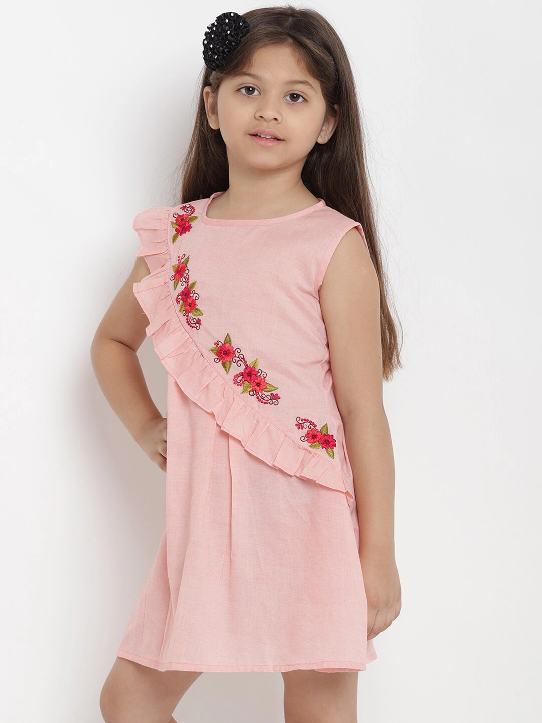 Bitiya by Bhama Girls Peach-Coloured Solid A-Line Dress-4-5Y-1