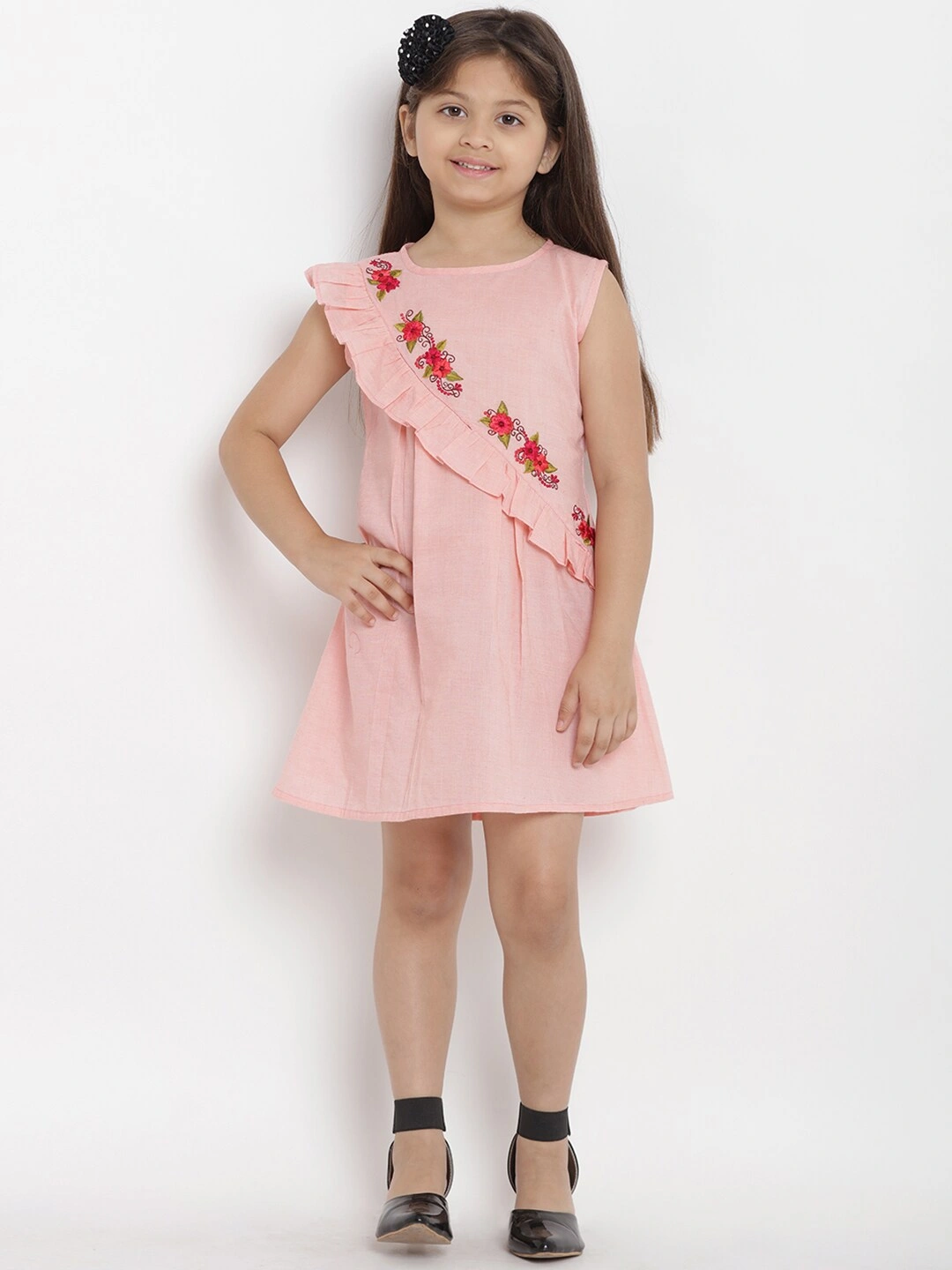 Bitiya by Bhama Girls Peach-Coloured Solid A-Line Dress-4-5Y-3