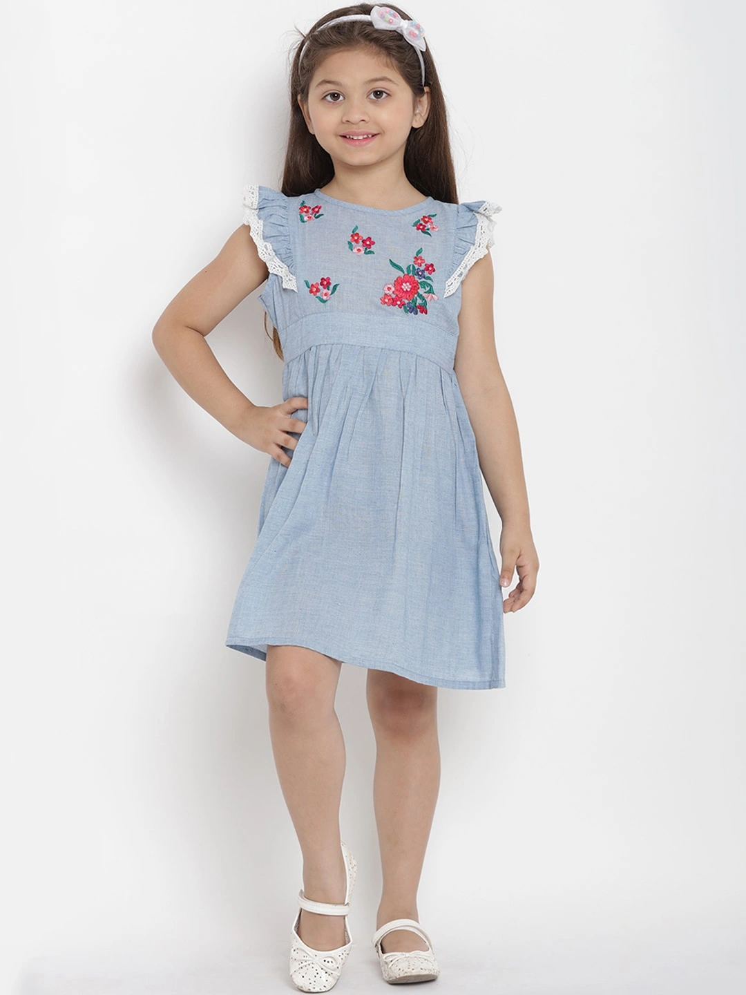 Bitiya by Bhama Girls Blue Solid Chambray Fit and Flare Dress-BBT126_3-4Y