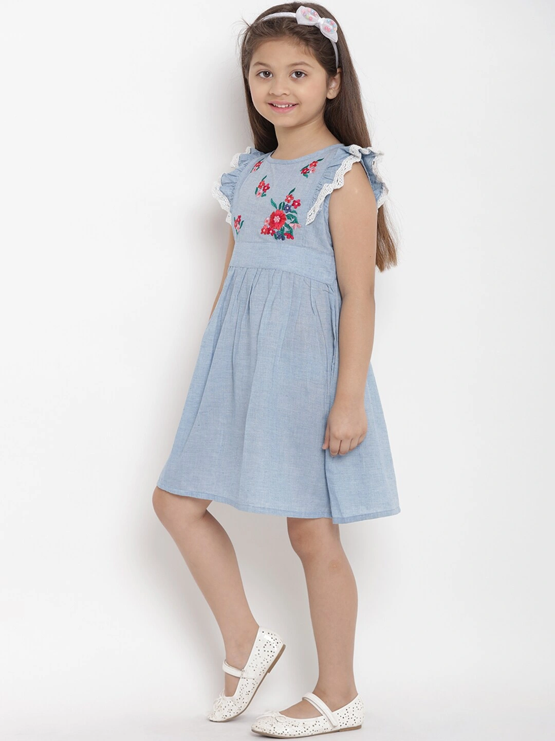 Bitiya by Bhama Girls Blue Solid Chambray Fit and Flare Dress-3-4Y-1