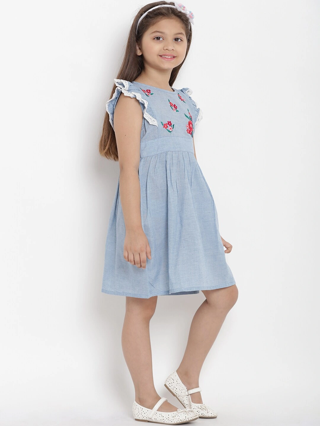 Bitiya by Bhama Girls Blue Solid Chambray Fit and Flare Dress-3-4Y-2