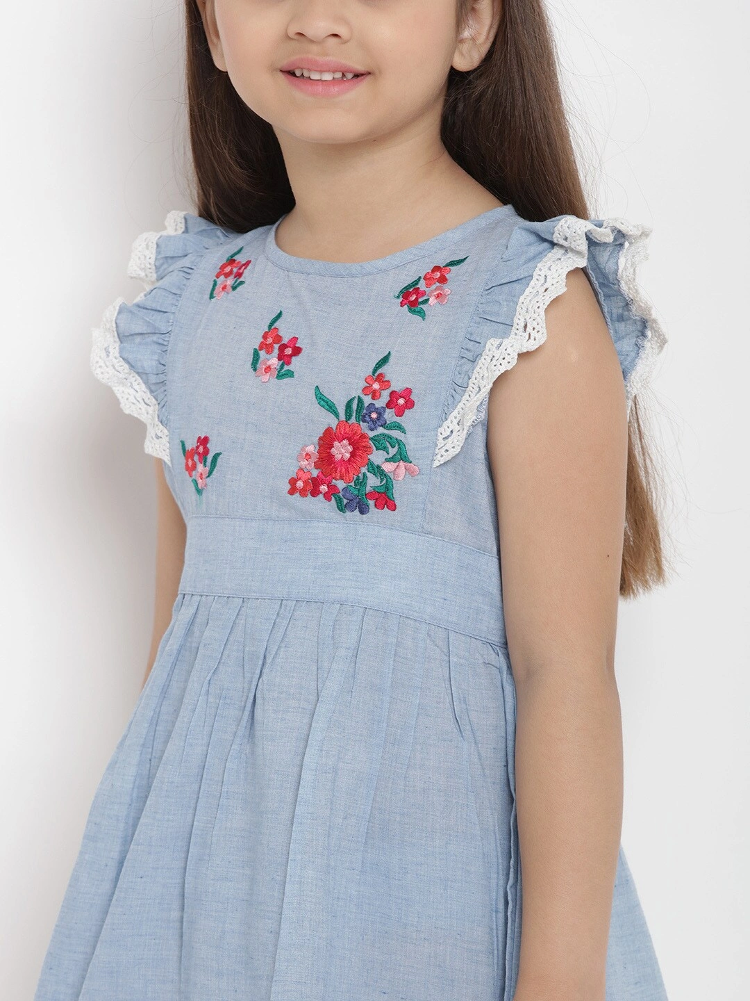 Bitiya by Bhama Girls Blue Solid Chambray Fit and Flare Dress-3-4Y-4