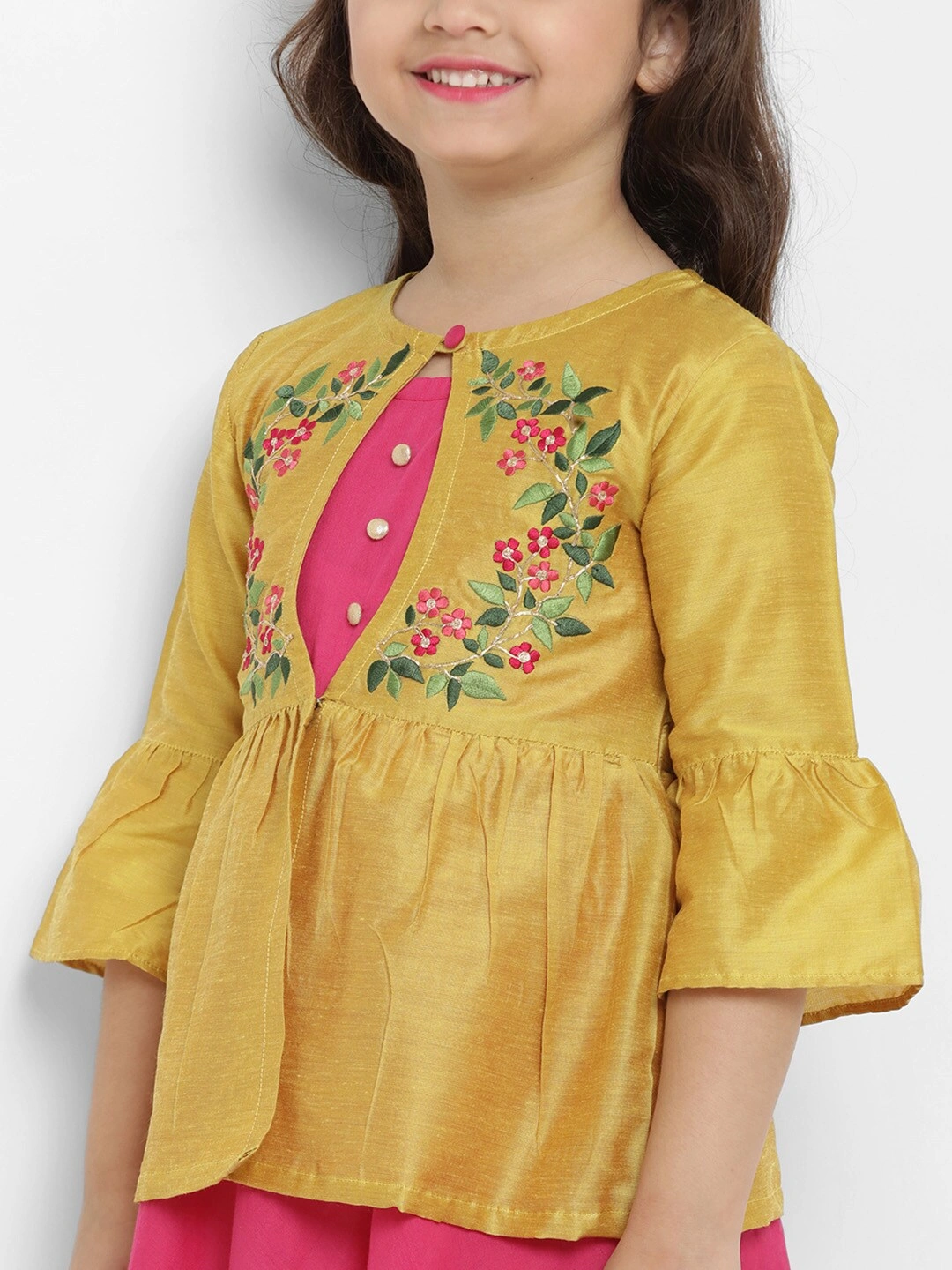 Bitiya by Bhama Girls Yellow &amp; Pink Floral Fit and Flare Dress-3-4Y-4