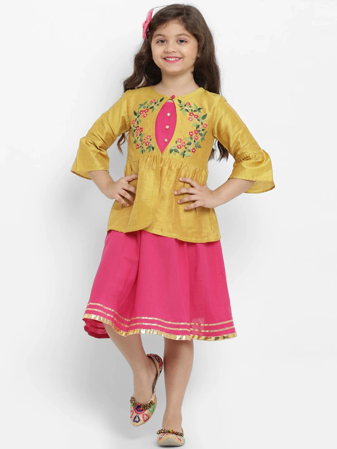 Bitiya by Bhama Girls Yellow &amp; Pink Floral Fit and Flare Dress-BBT148_6-7Y