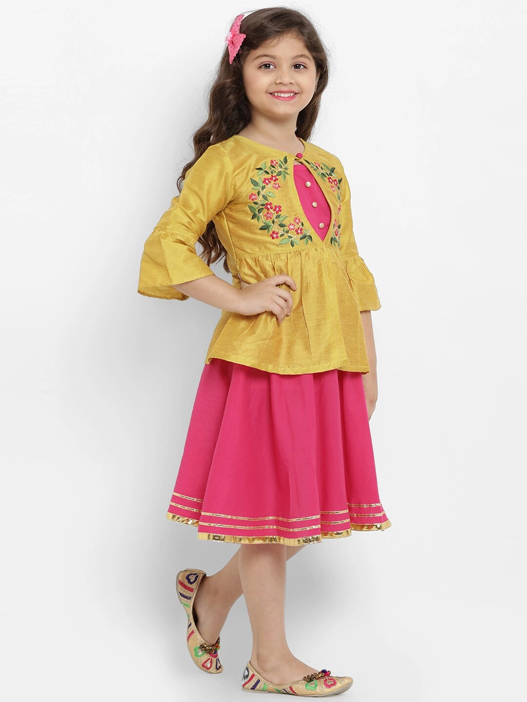 Bitiya by Bhama Girls Yellow &amp; Pink Floral Fit and Flare Dress-6-7Y-2