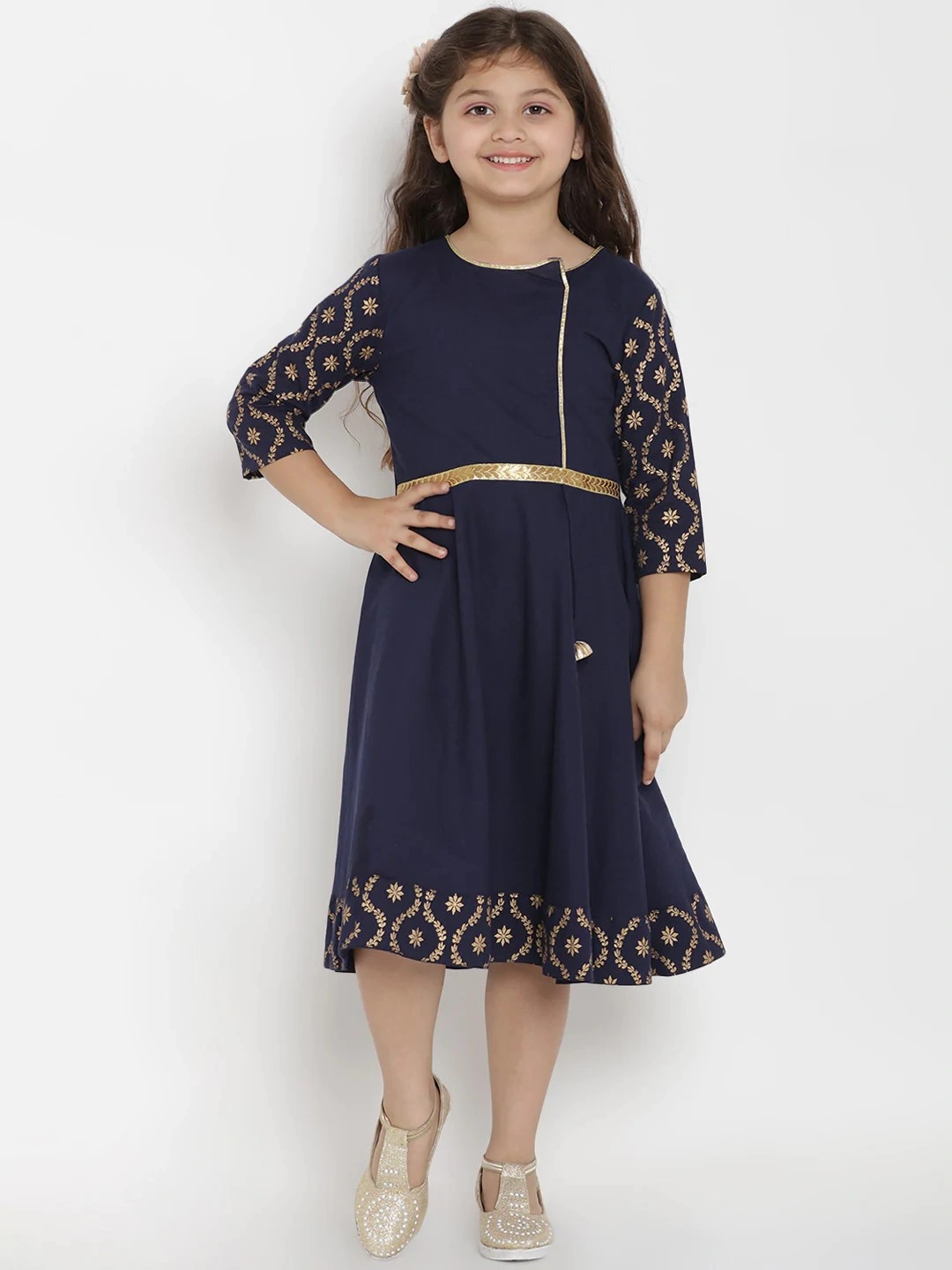 Bitiya by Bhama Girls Solid Navy Blue A-Line Dress-BBT160_6-7Y