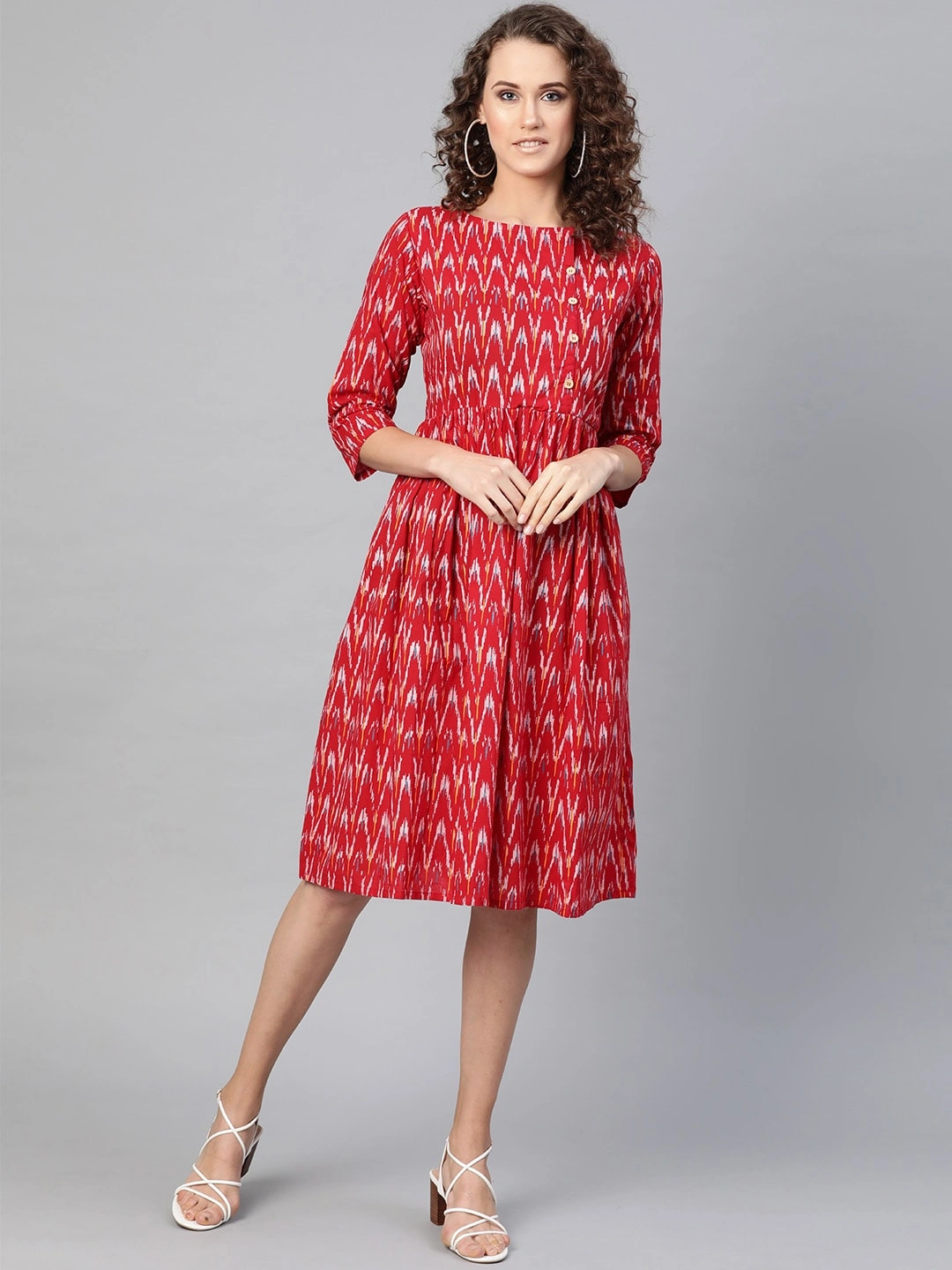 Bhama Couture Women Red &amp; White Ikat Print A-Line Dress-DRS006_L