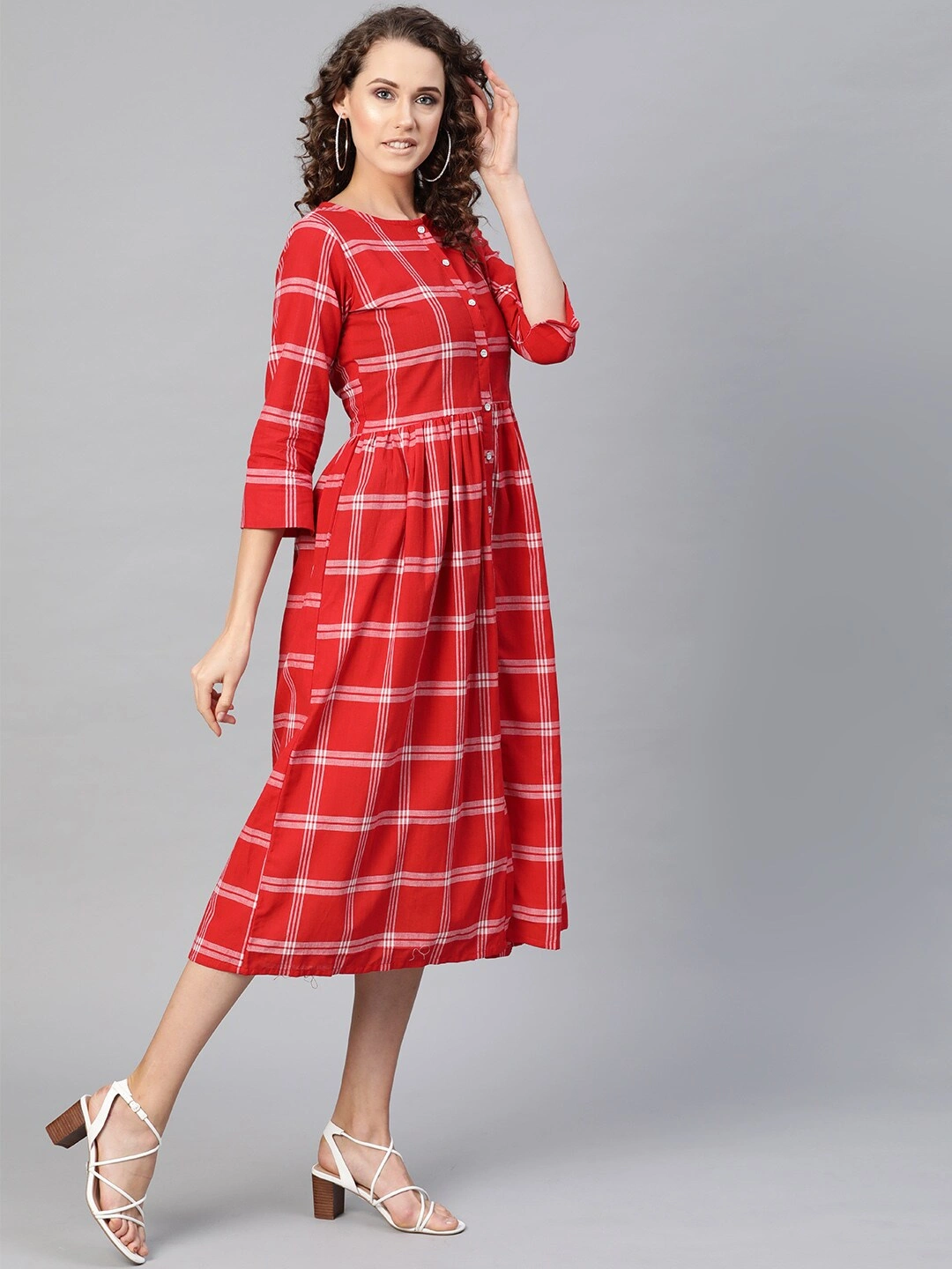 Bhama Couture Women Red Checked A-Line Dress-L-1