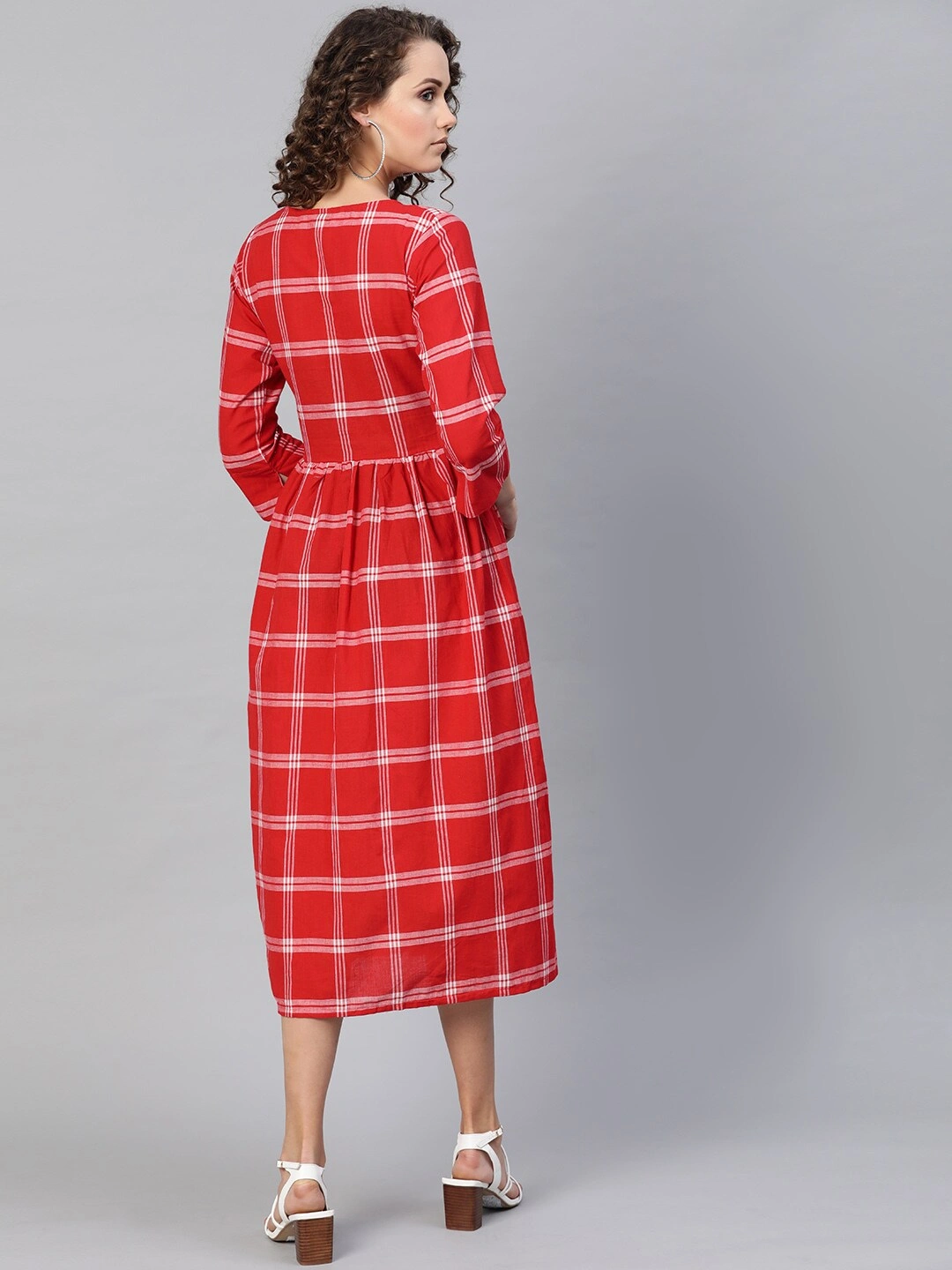 Bhama Couture Women Red Checked A-Line Dress-L-2