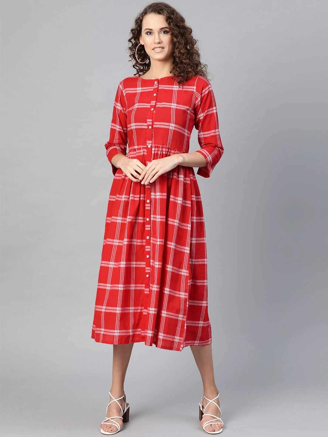 Bhama Couture Women Red Checked A-Line Dress-DRS007_M