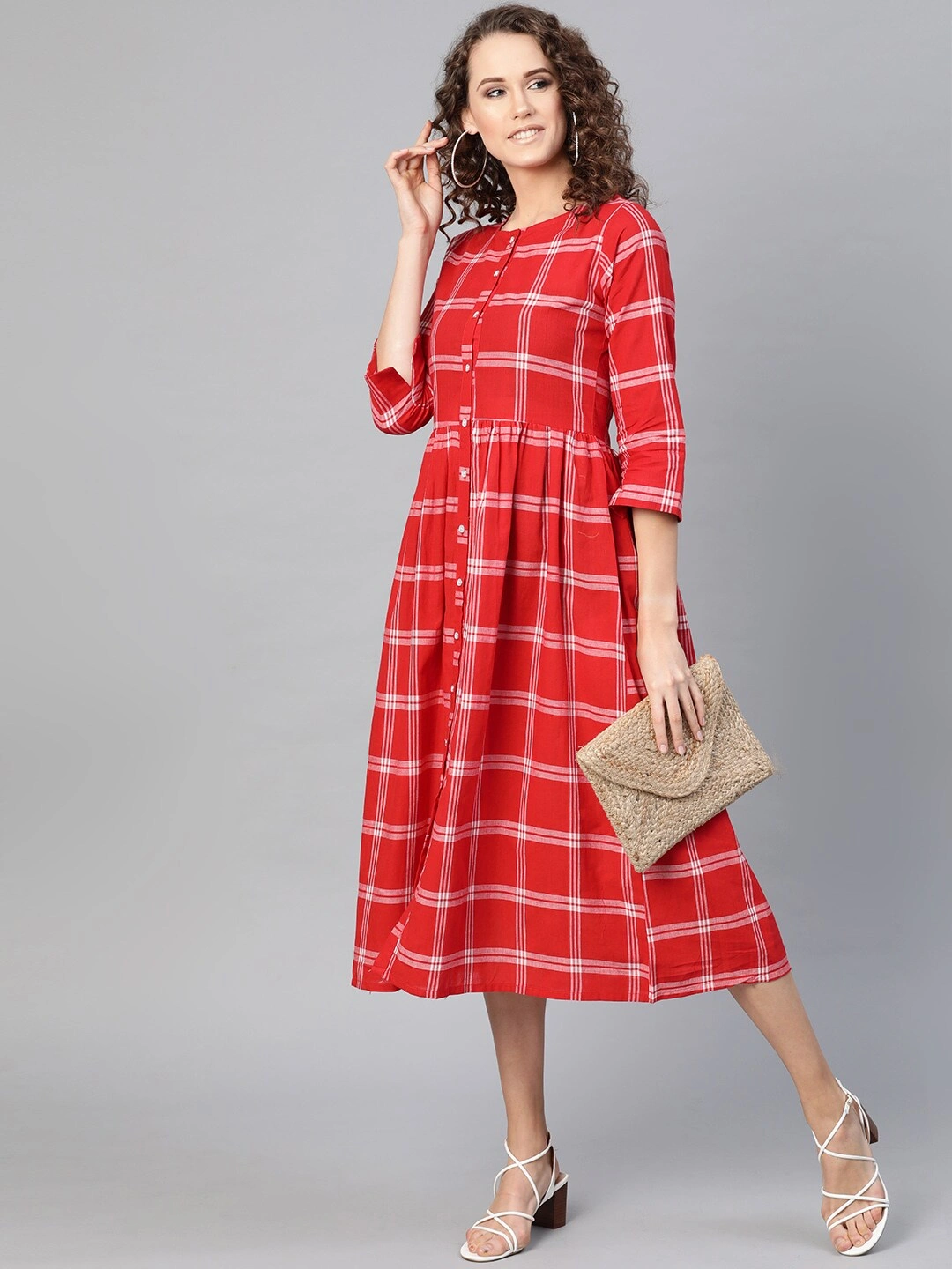 Bhama Couture Women Red Checked A-Line Dress-S-3