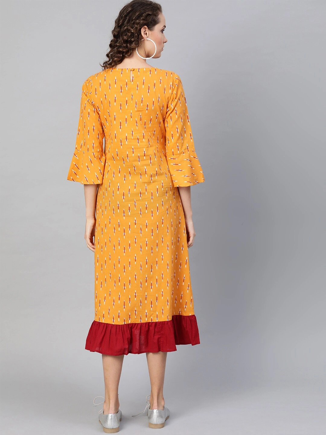 Bhama Couture Women Yellow &amp; Maroon Ikat Print A-Line Dress-L-2