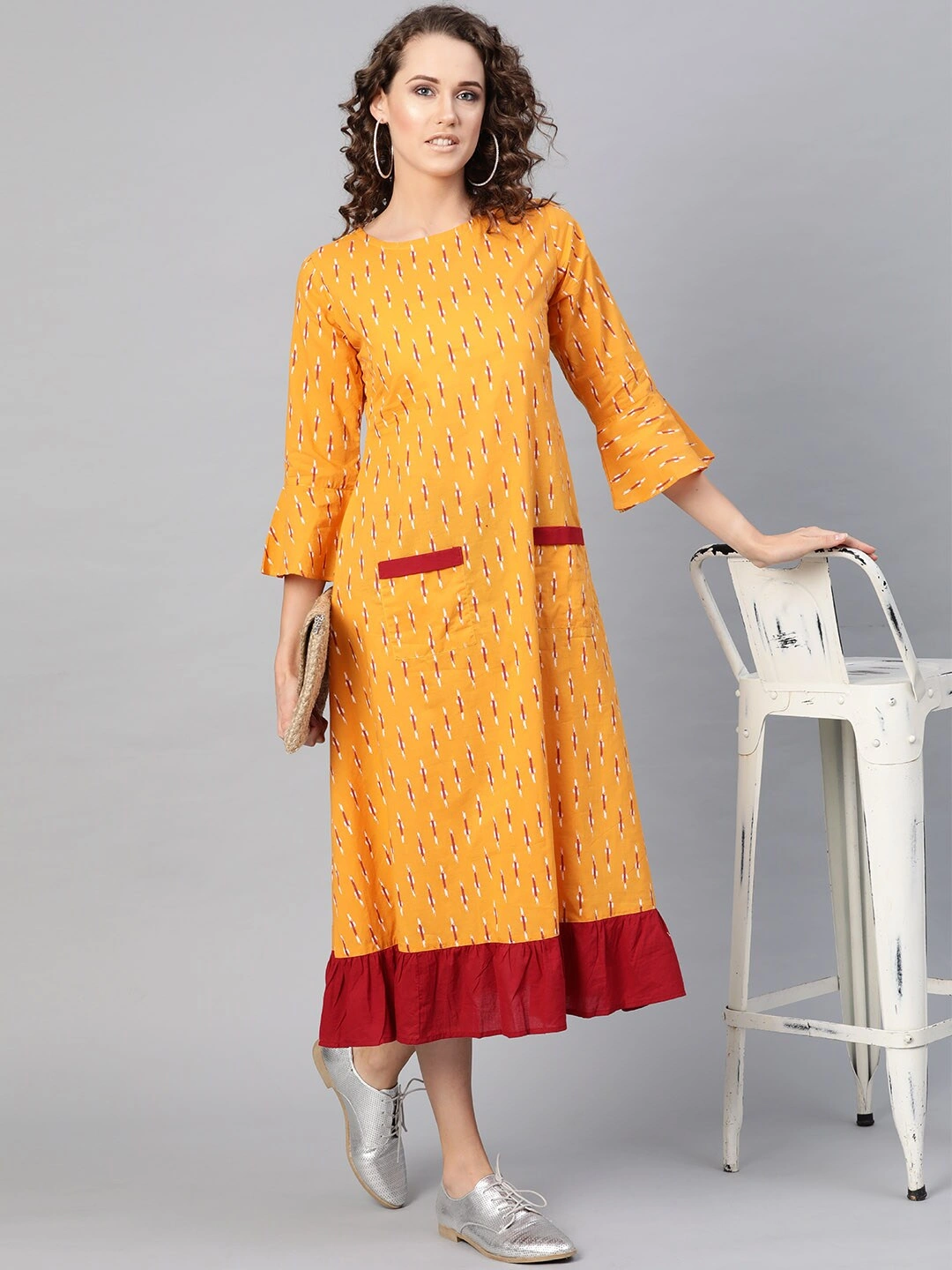 Bhama Couture Women Yellow &amp; Maroon Ikat Print A-Line Dress-L-3