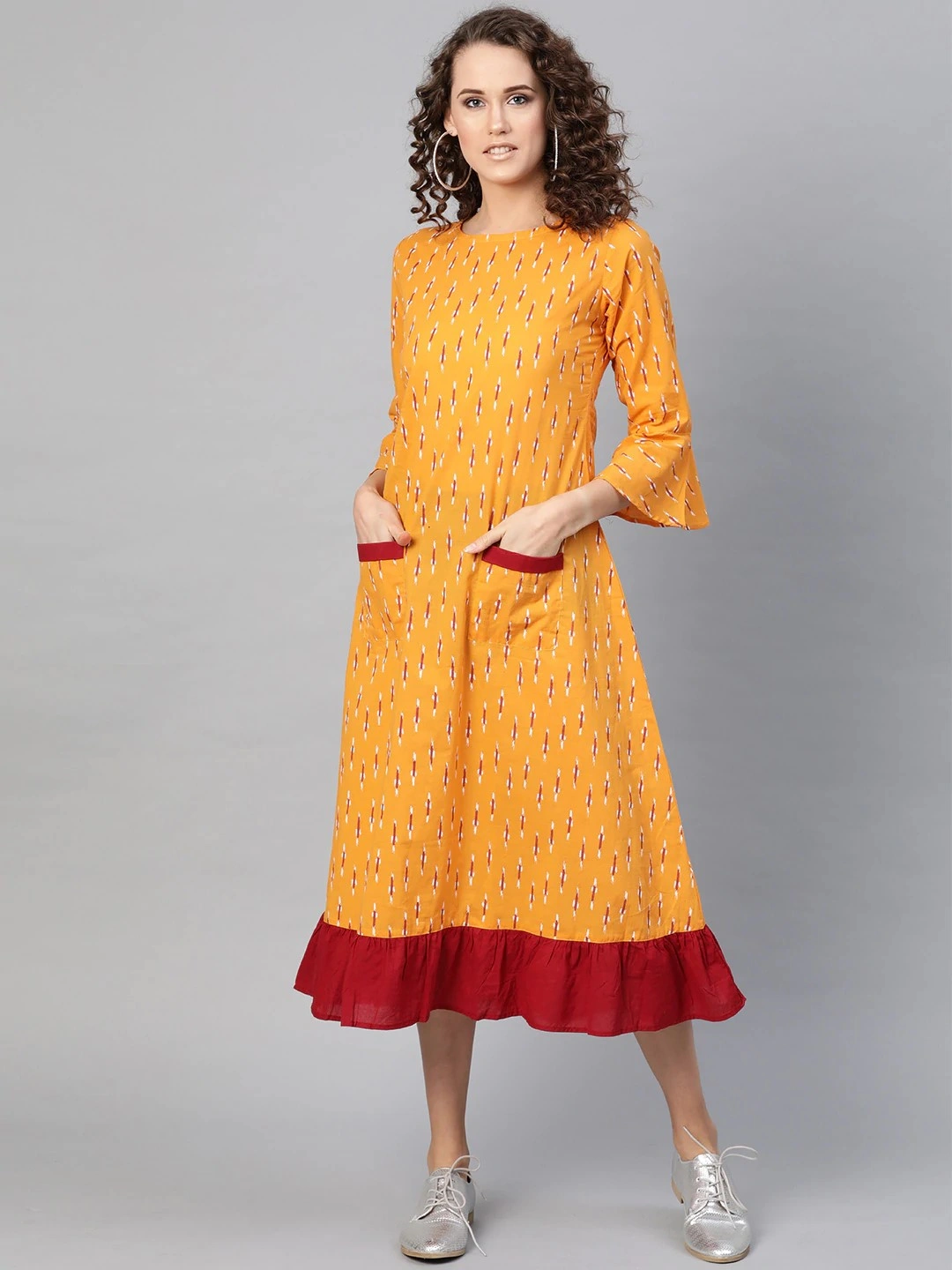 Bhama Couture Women Yellow &amp; Maroon Ikat Print A-Line Dress-DRS008_S