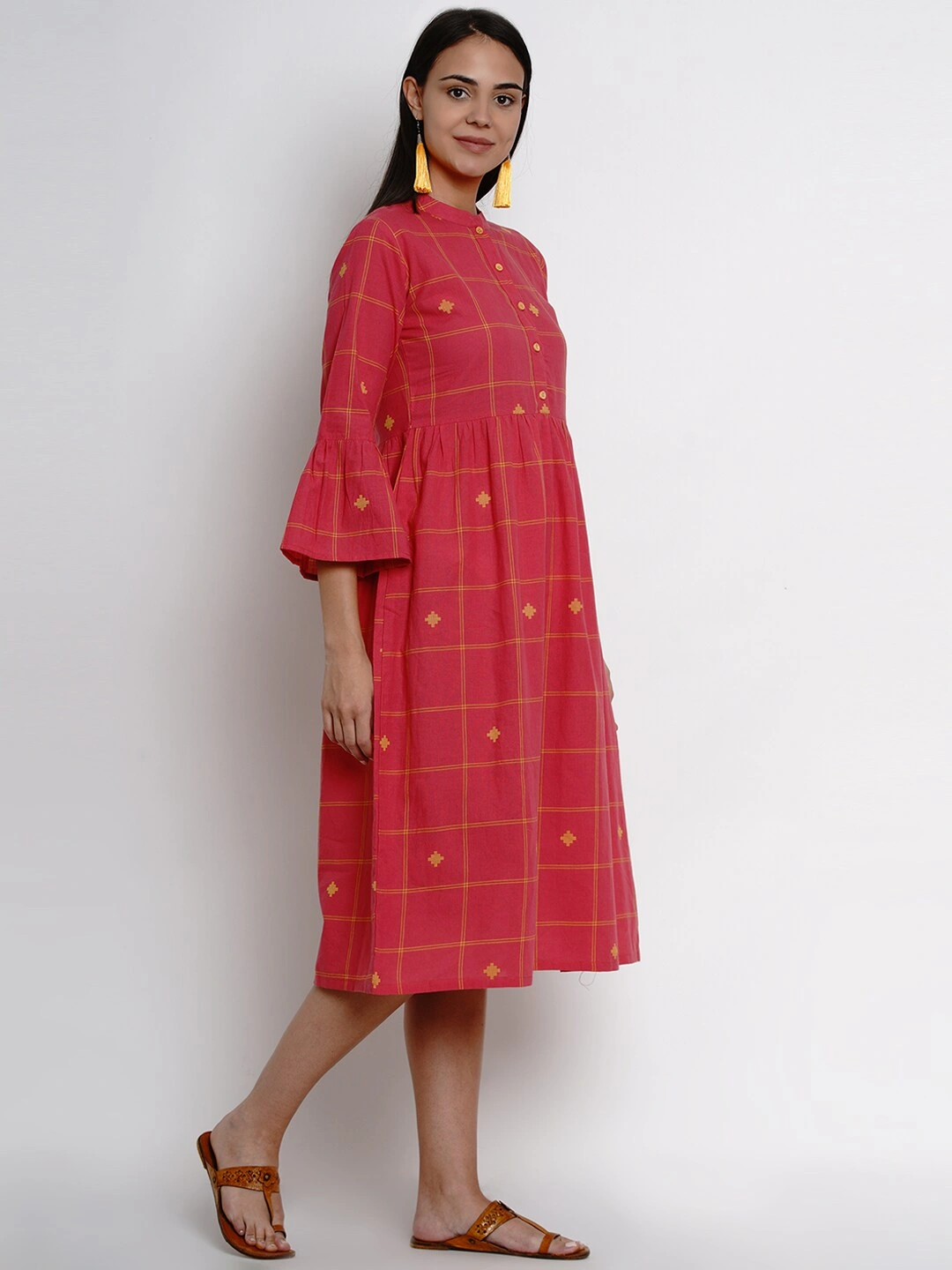 Bhama Couture Women Pink Checked Fit and Flare Dress-L-2