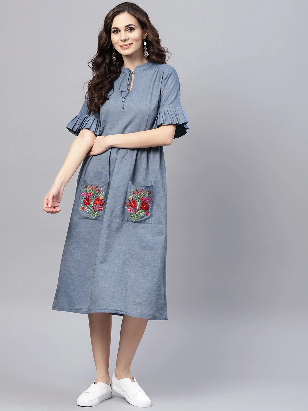 Bhama Couture Women Blue Solid Denim Fit &amp; Flare Dress-S-1