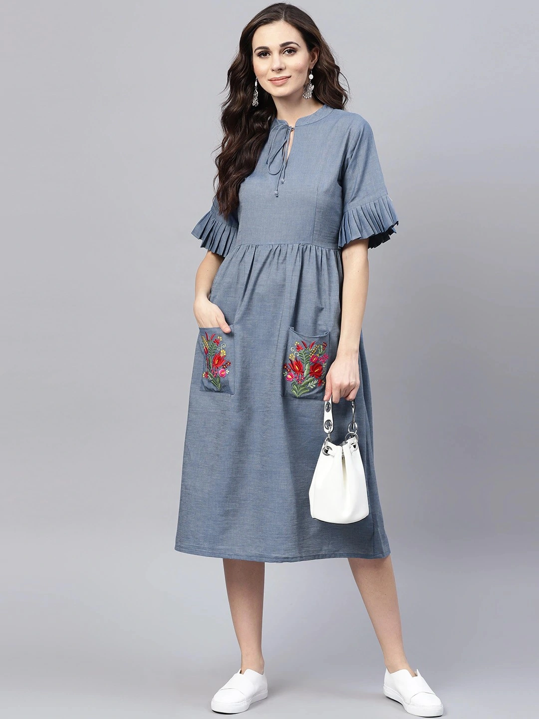 Bhama Couture Women Blue Solid Denim Fit &amp; Flare Dress-DRS04_XL