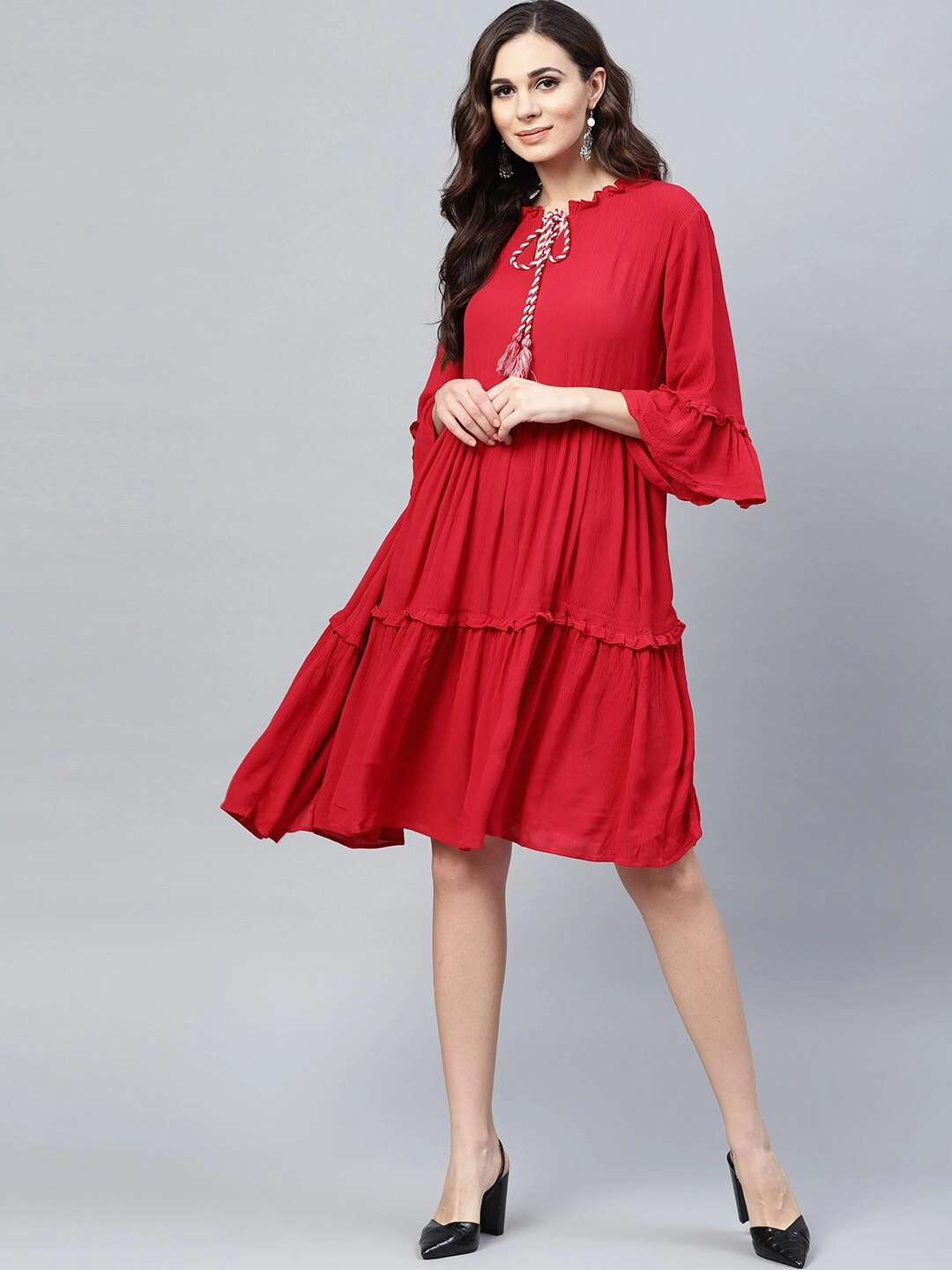 Bhama Couture Women Red Solid Tiered A-Line Dress-L-1