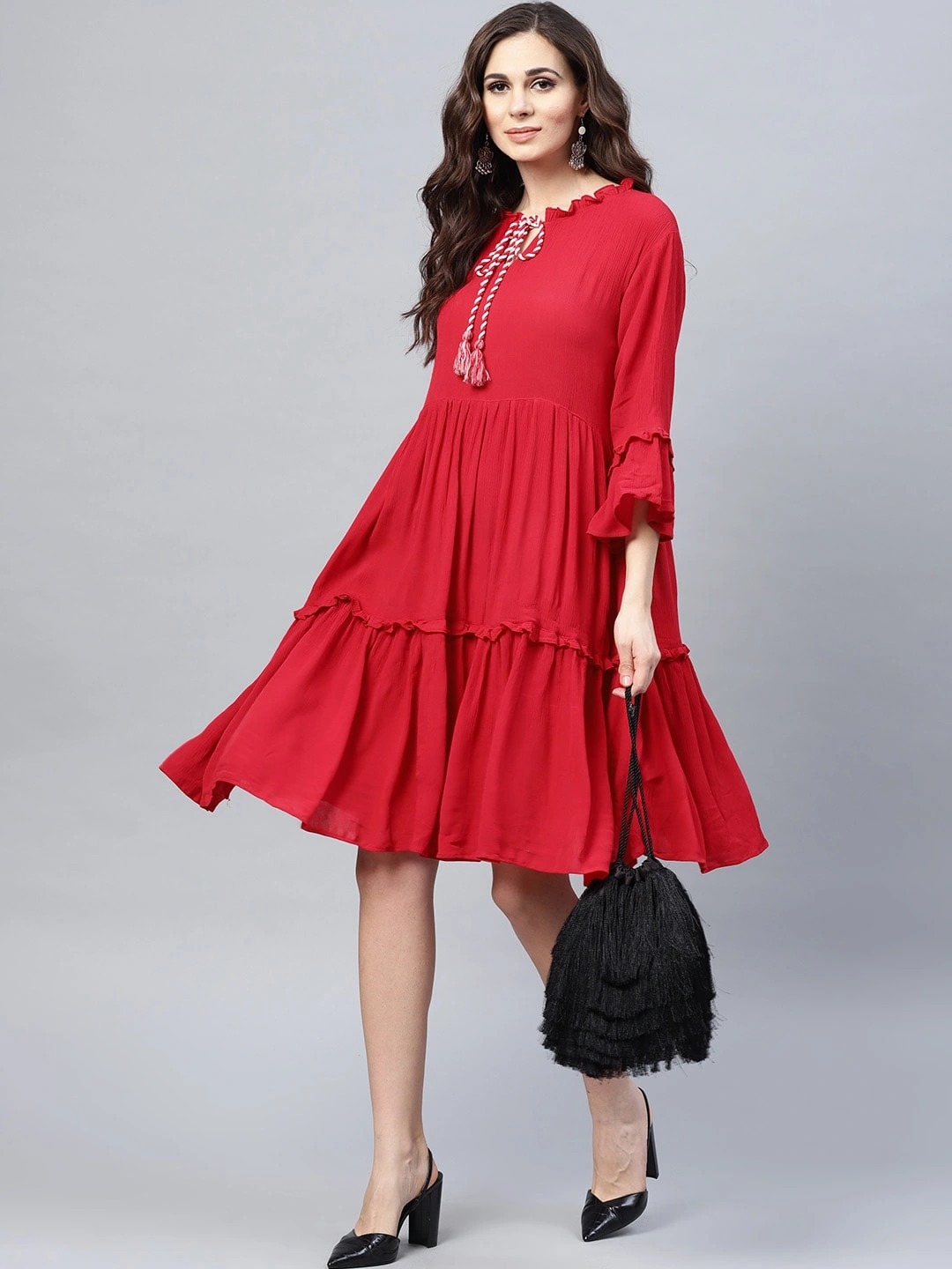 Bhama Couture Women Red Solid Tiered A-Line Dress-DRS05_M