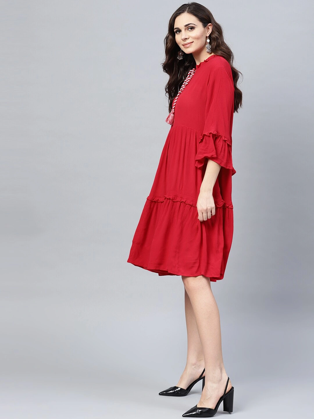 Bhama Couture Women Red Solid Tiered A-Line Dress-M-2