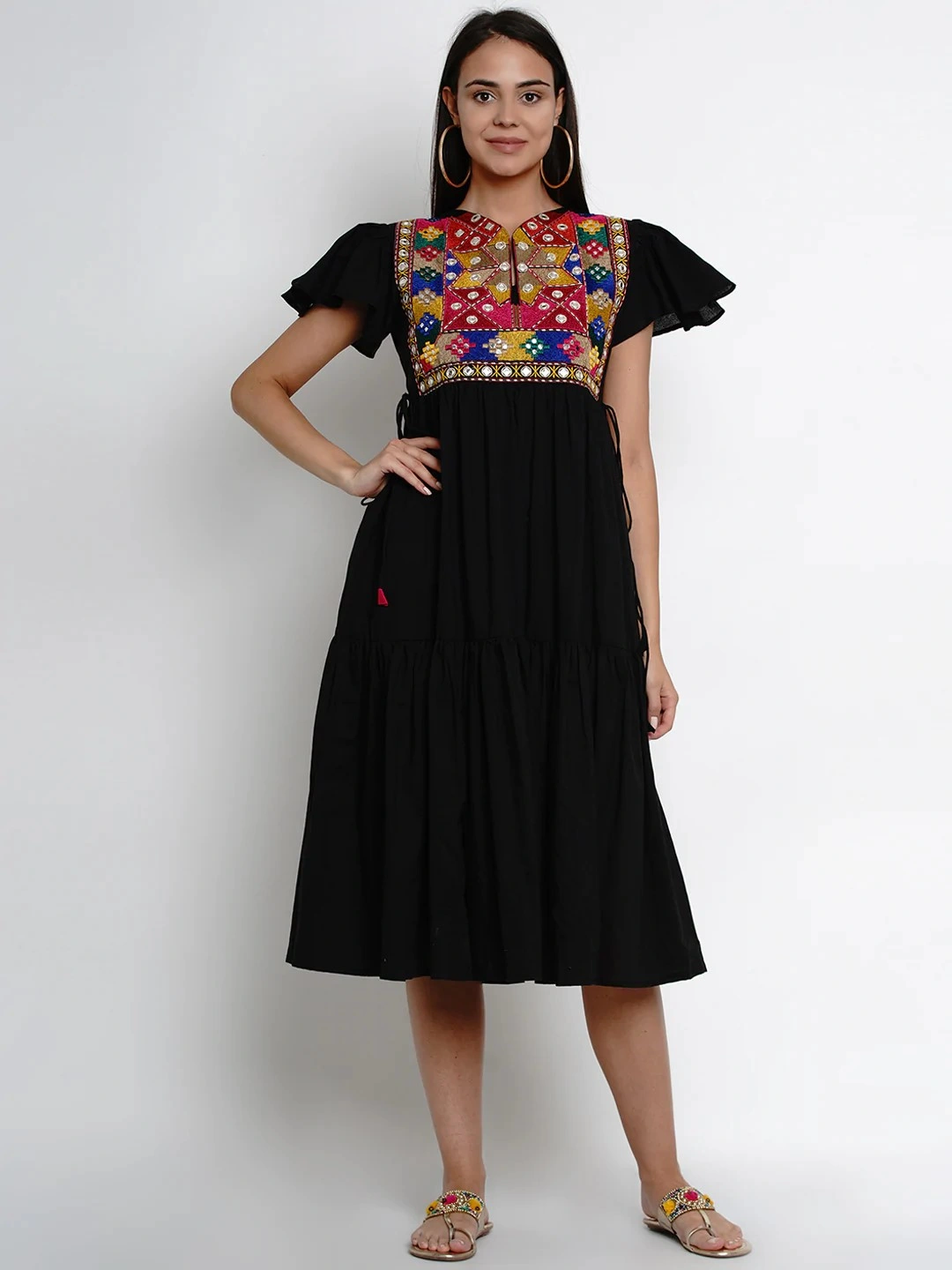 Bhama Couture Women Black Embroidered A-Line Dress-DRS012_L