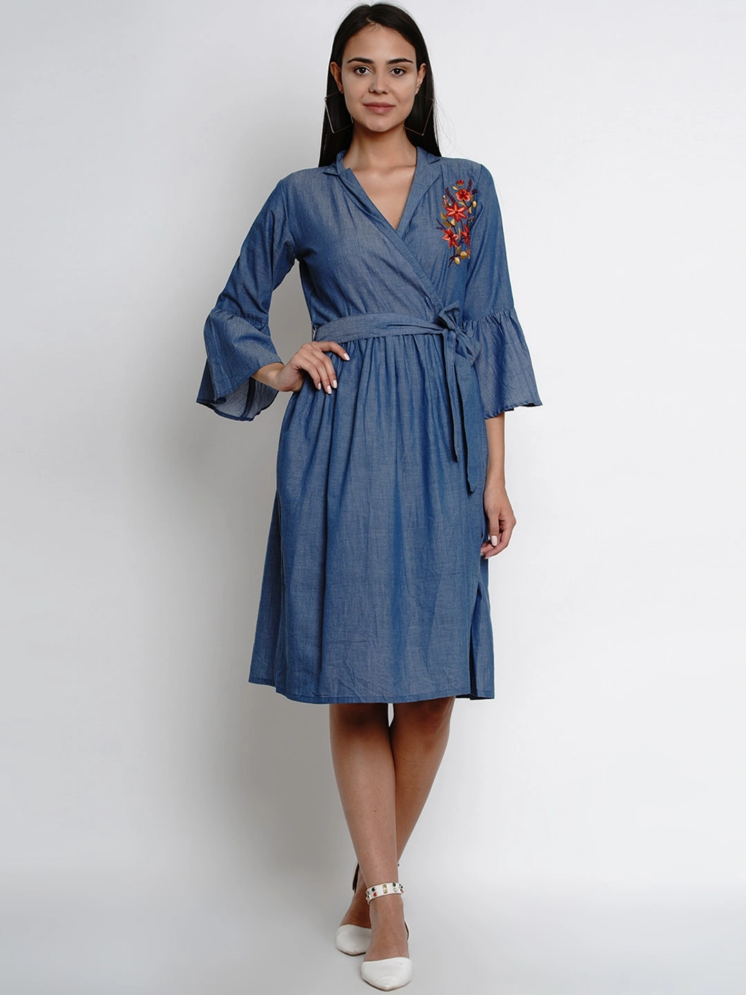 Bhama Couture Blue Wrap around Dress With Embroidery Detailing On Yoke-DRS013_L