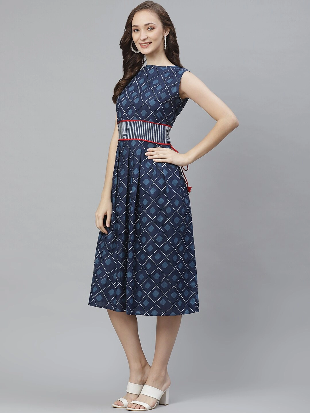 Bhama Couture Women Navy &amp; White Printed A-Line Dress-M-1