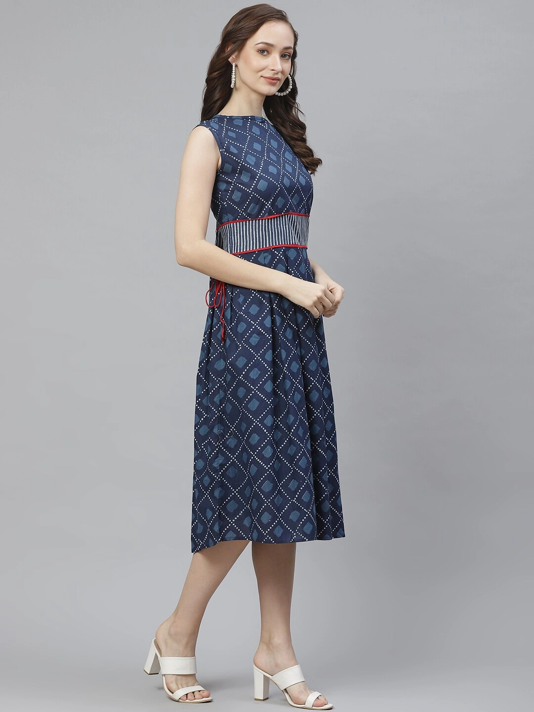 Bhama Couture Women Navy &amp; White Printed A-Line Dress-M-2