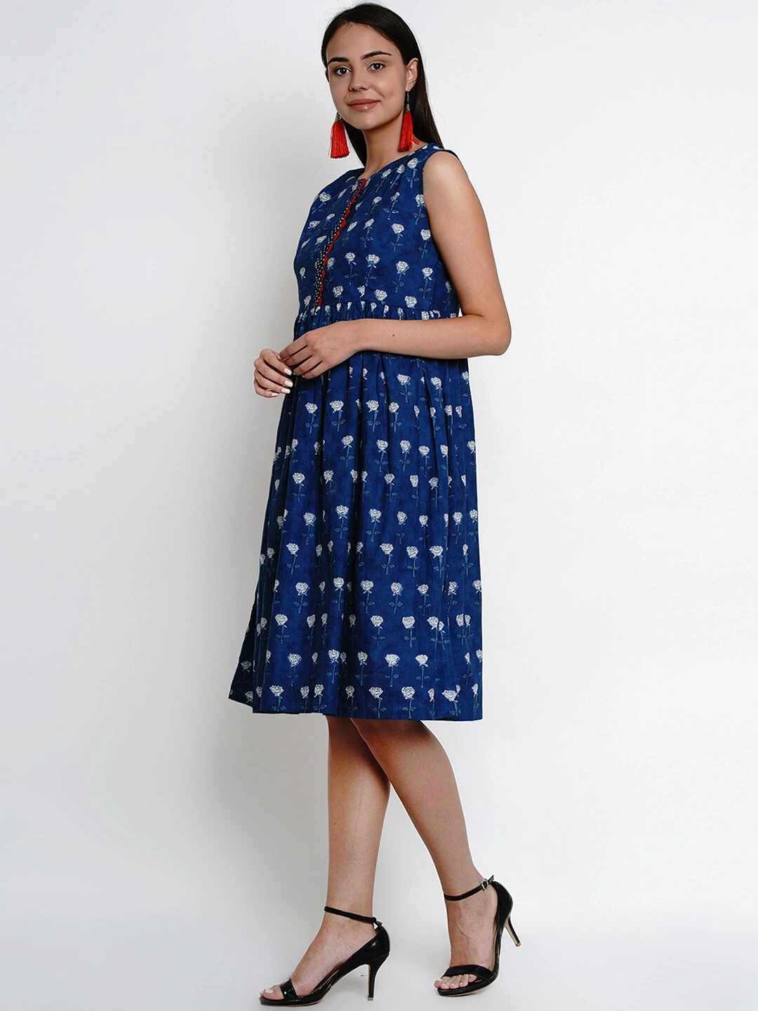 Bhama Couture Women Blue Floral Print Fit and Flare Dress-L-1