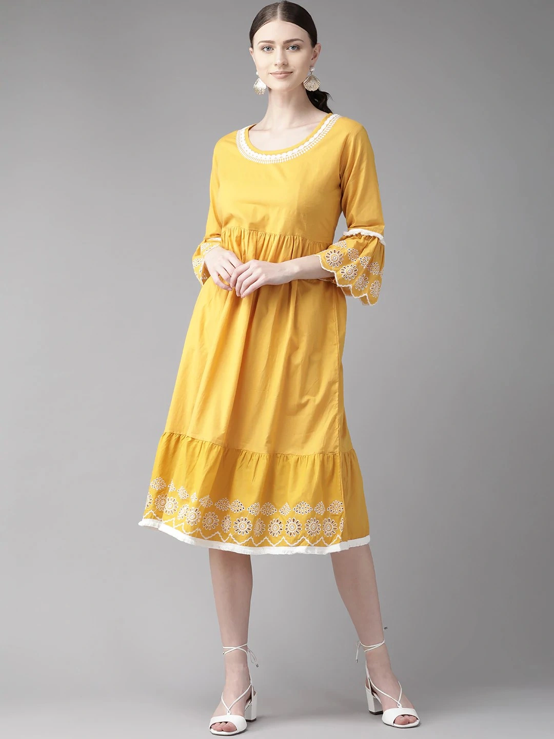 Bhama Couture Women Mustard Yellow Solid A-Line Dress-DRS020_L