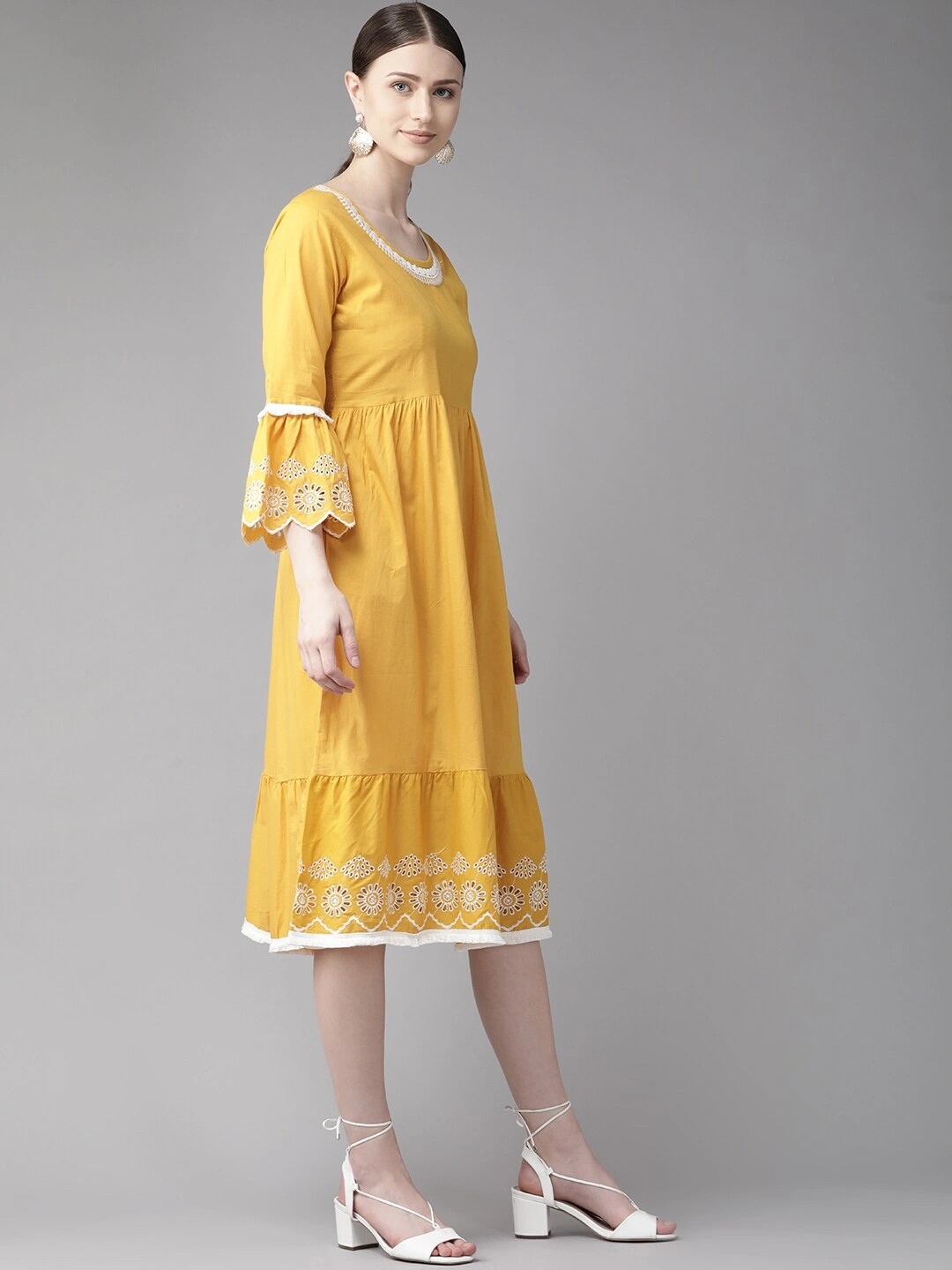 Bhama Couture Women Mustard Yellow Solid A-Line Dress-M-2