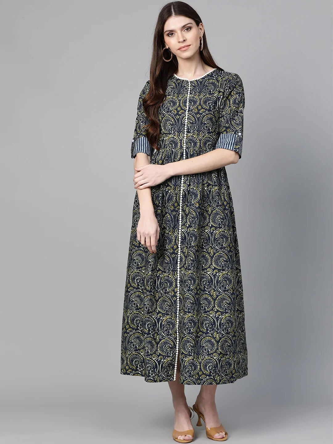 Bhama Couture Women Navy Blue &amp; Olive Green Ethnic Printed A-Line Dress-DRS021_L