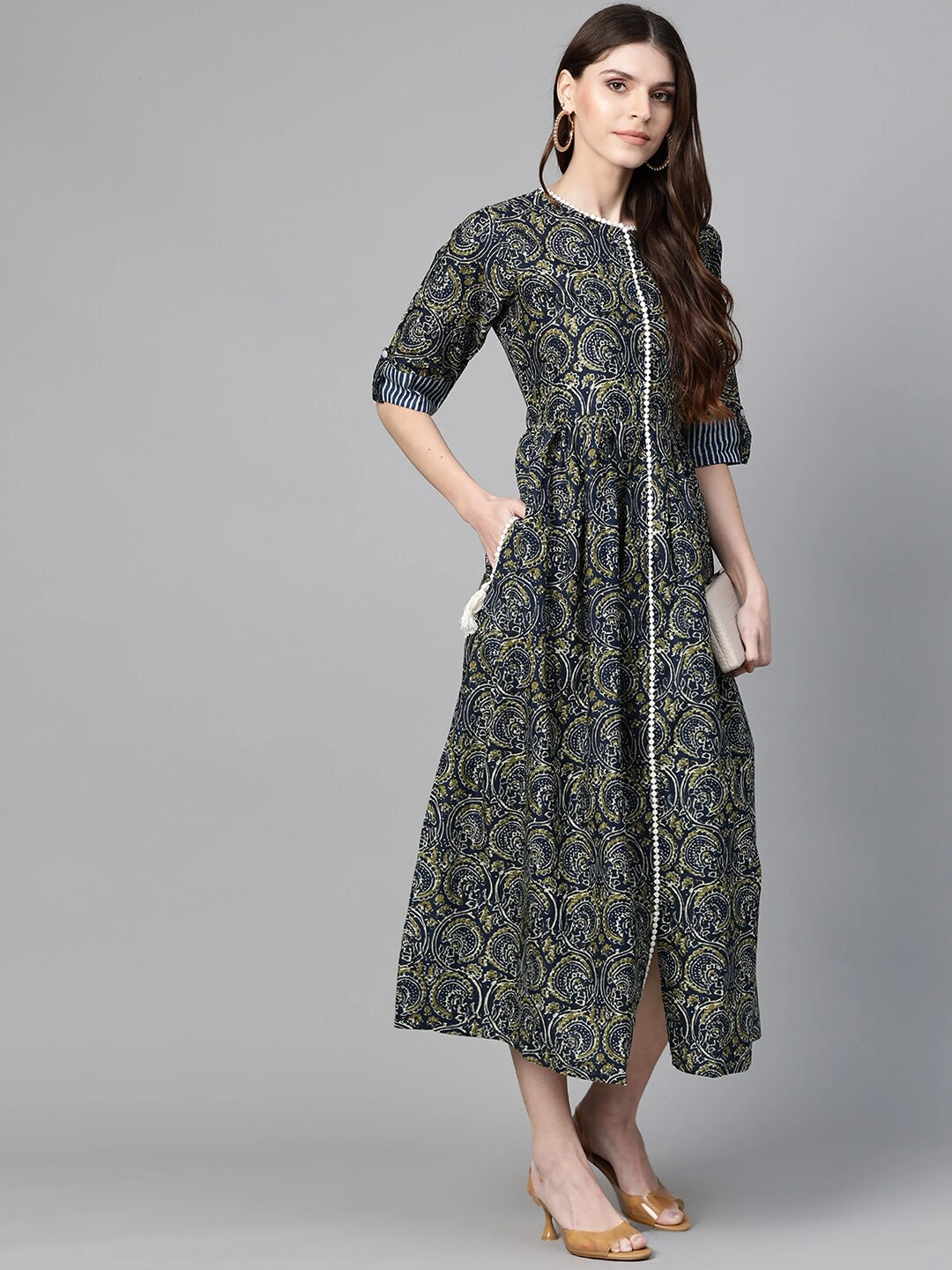 Bhama Couture Women Navy Blue &amp; Olive Green Ethnic Printed A-Line Dress-M-1