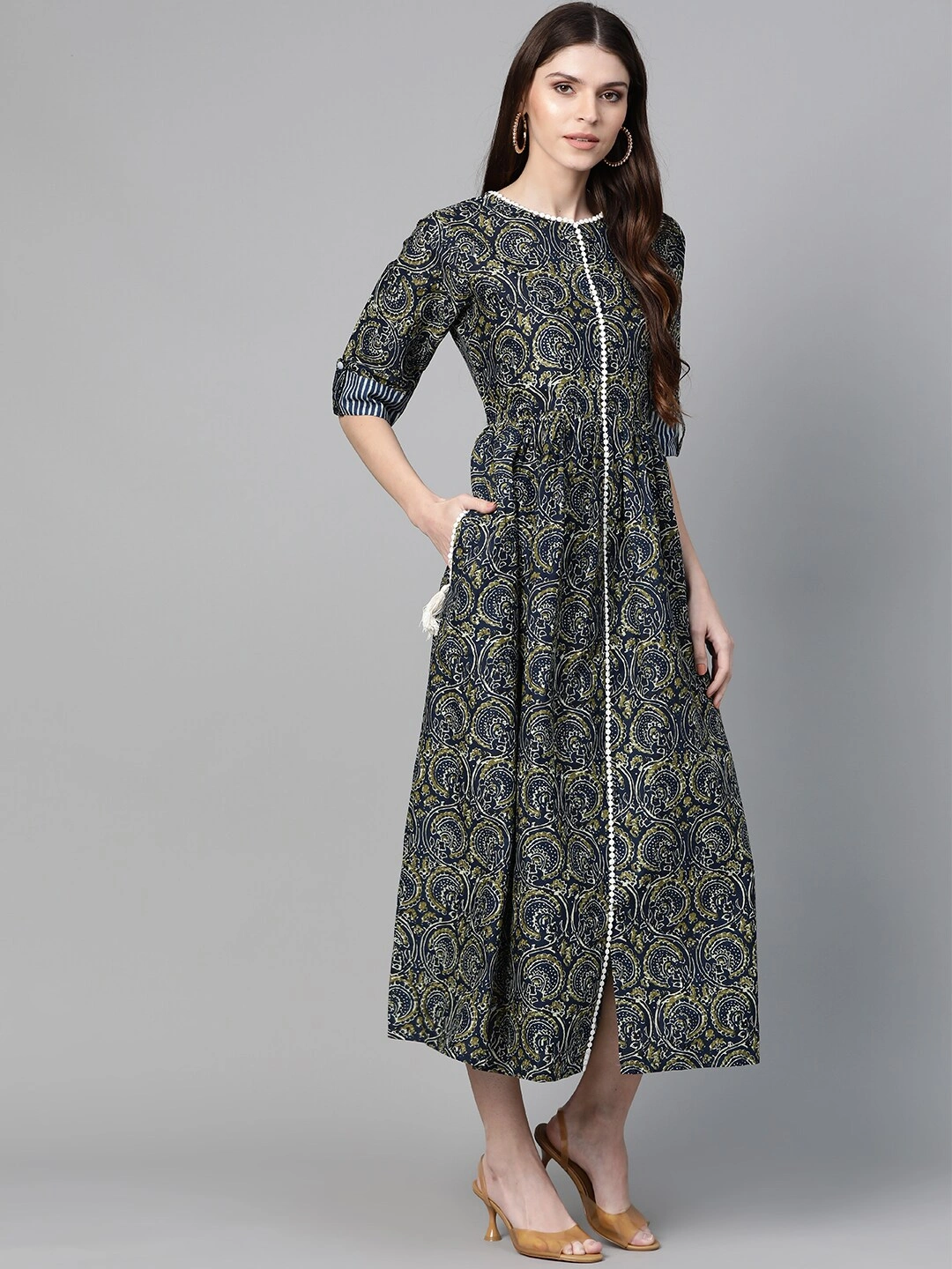 Bhama Couture Women Navy Blue &amp; Olive Green Ethnic Printed A-Line Dress-M-2