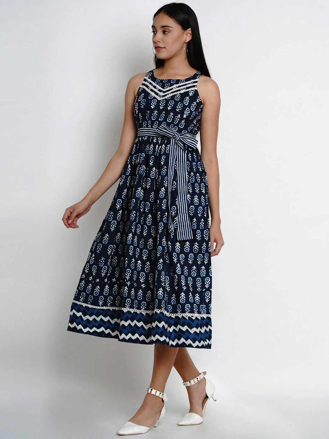 Bhama Couture Women Navy Blue &amp; White Printed Fit and Flare Dress-DRS022_L