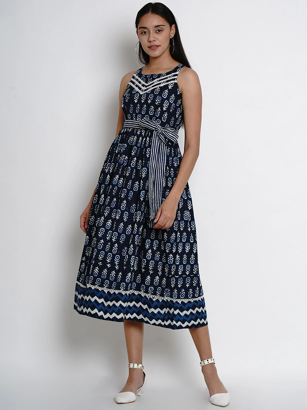 Bhama Couture Women Navy Blue &amp; White Printed Fit and Flare Dress-L-1