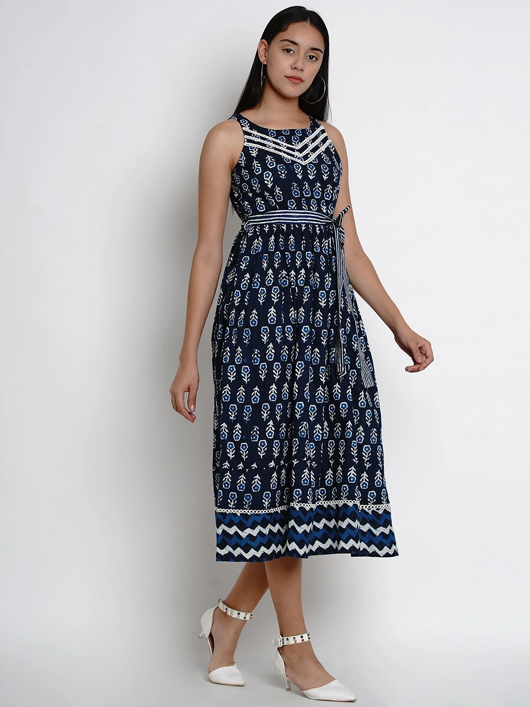 Bhama Couture Women Navy Blue &amp; White Printed Fit and Flare Dress-L-2