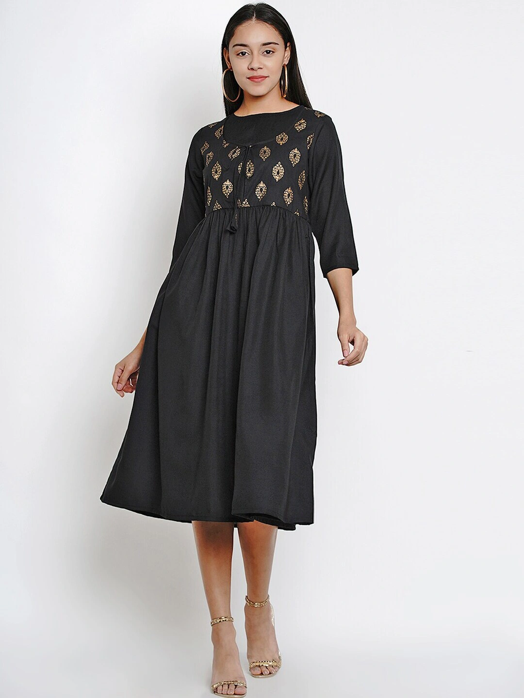 Bhama Couture Women Black Printed A-Line Dress-DRS023_L