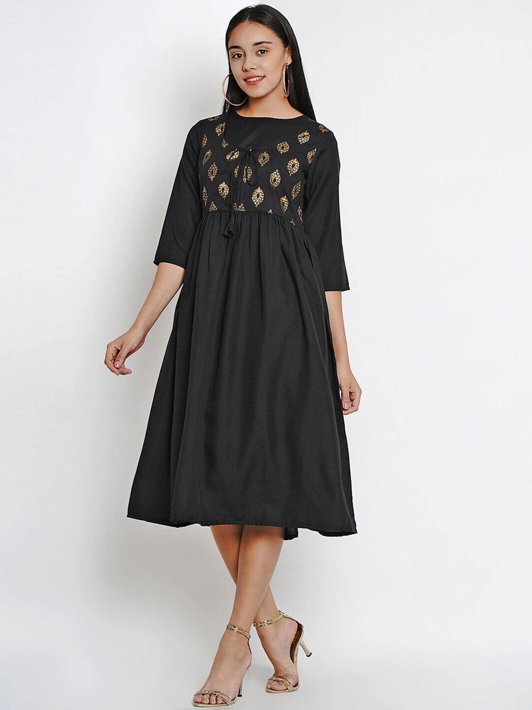 Bhama Couture Women Black Printed A-Line Dress-S-1