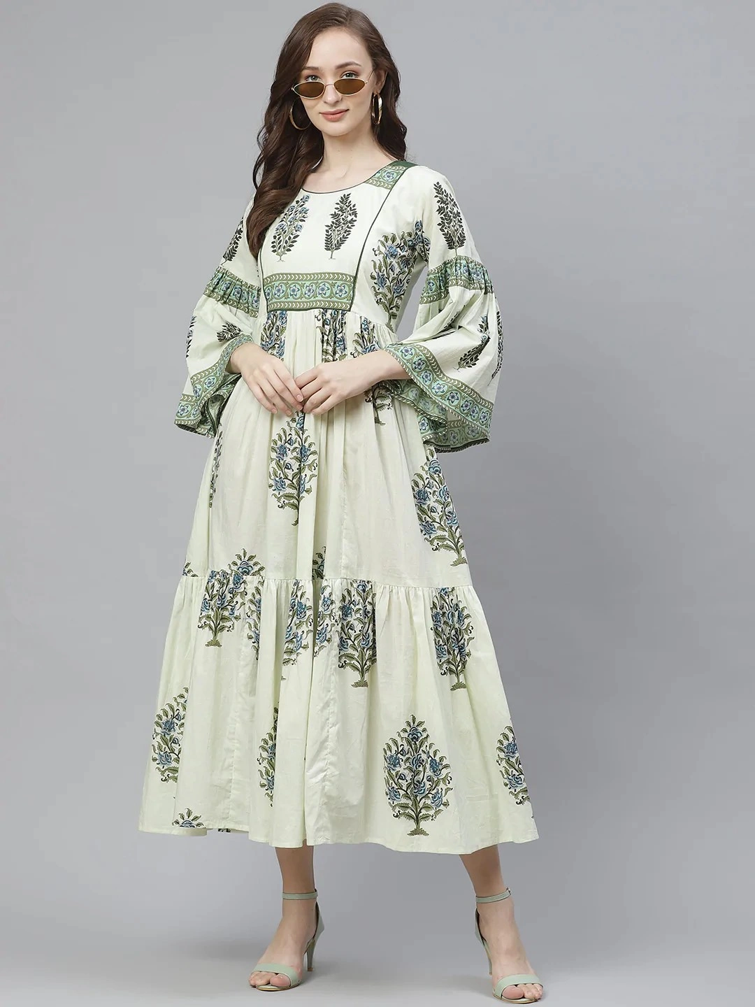 Bhama Couture Women Green Printed A-Line Dress-DRS024_M