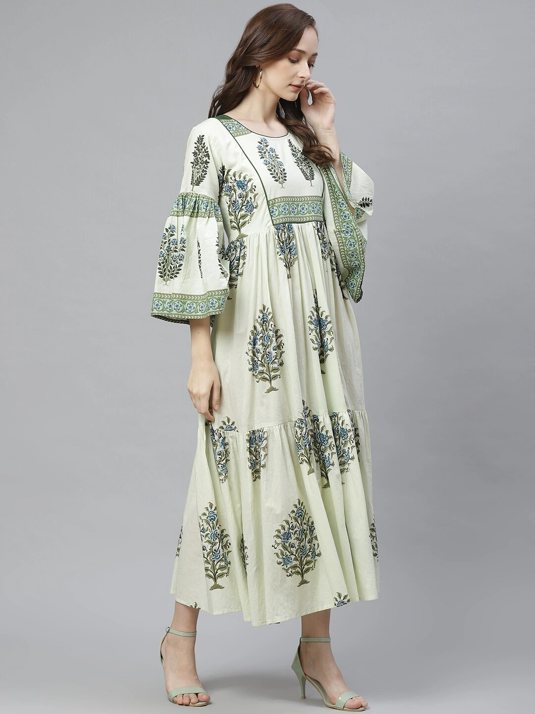 Bhama Couture Women Green Printed A-Line Dress-M-2