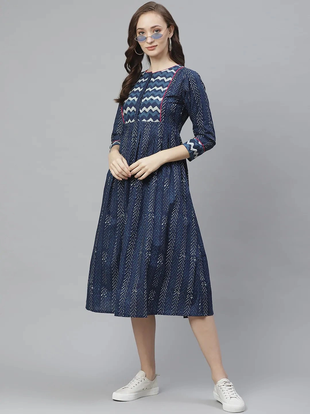 Bhama Couture Women Navy Blue &amp; White Printed A-Line Dress-DRS025_L