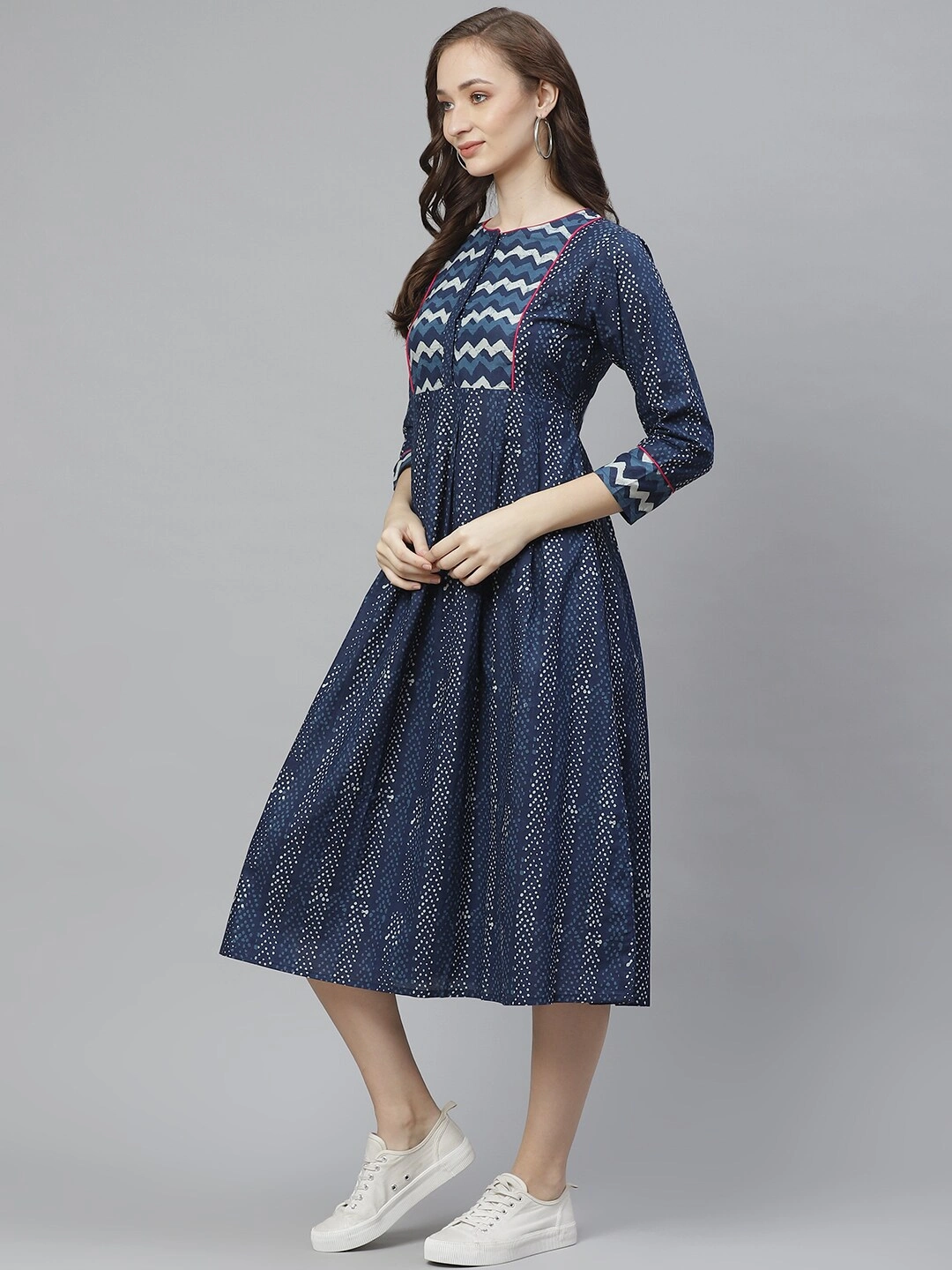 Bhama Couture Women Navy Blue &amp; White Printed A-Line Dress-L-1