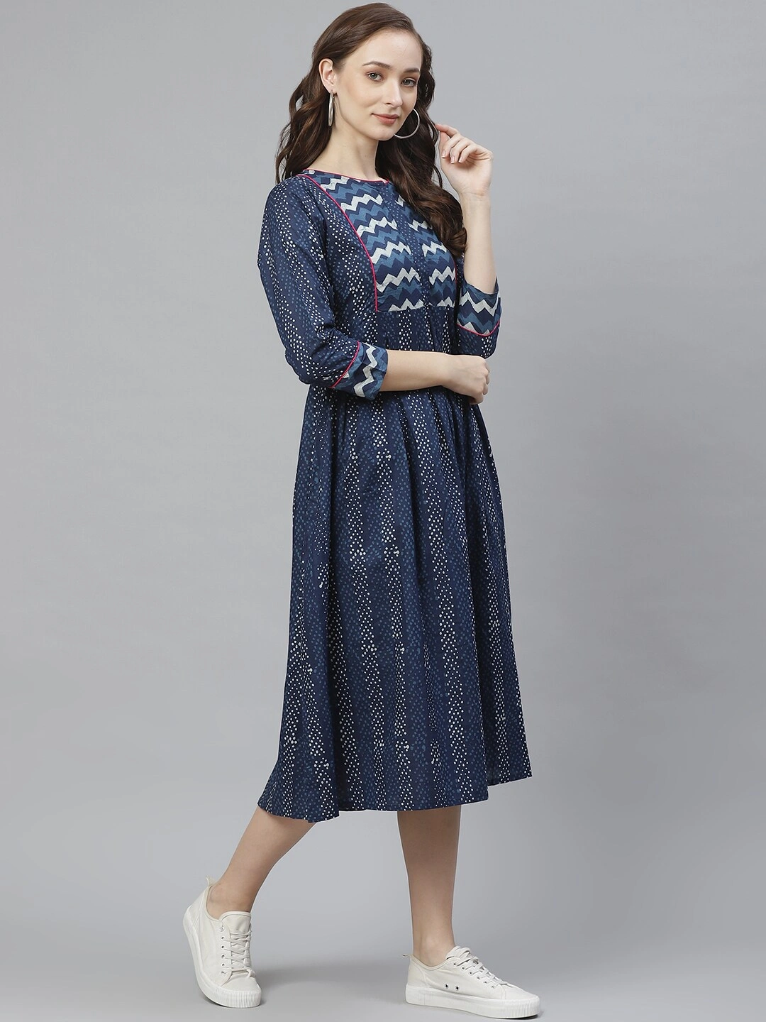 Bhama Couture Women Navy Blue &amp; White Printed A-Line Dress-L-2