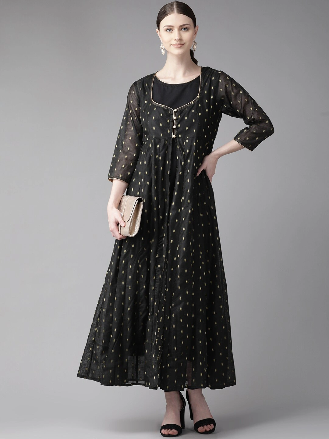 Bhama Couture Women Black &amp; Golden Self Design Layered Maxi Dress-L-1