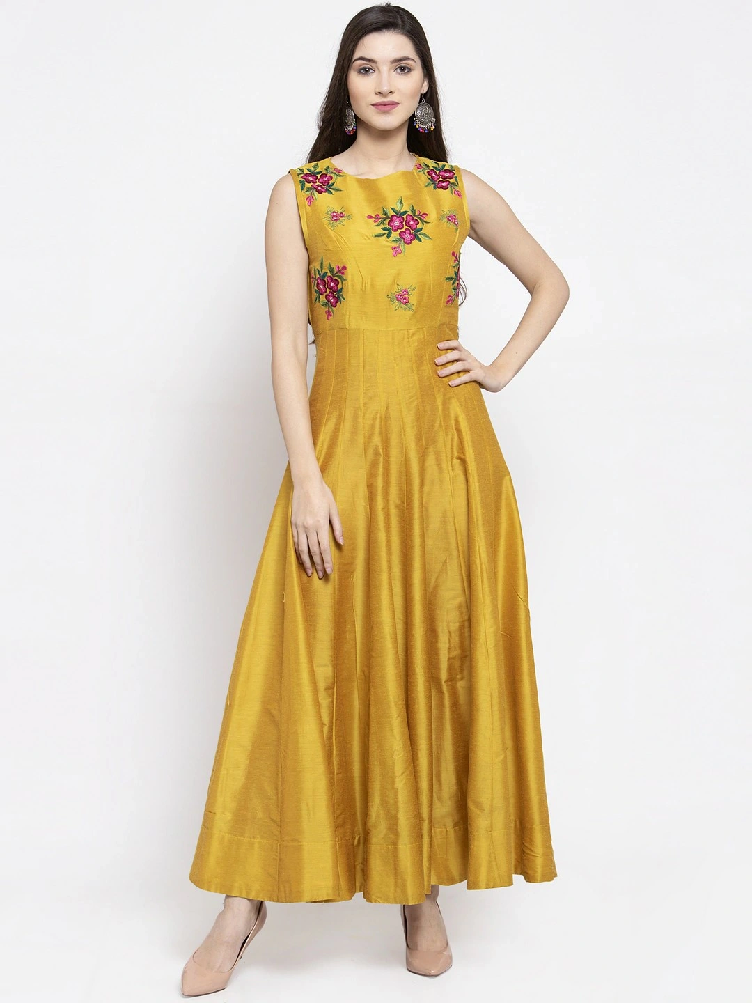 Bhama Couture Women Yellow Floral Printed Maxi Dress-KUR007_M