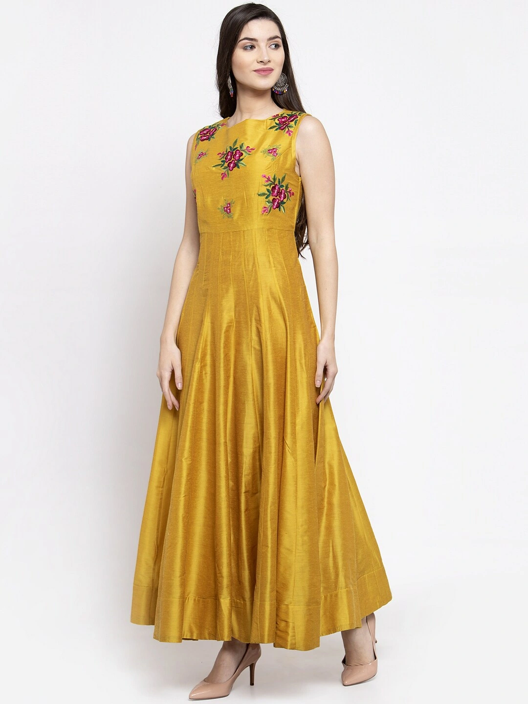 Bhama Couture Women Yellow Floral Printed Maxi Dress-M-2