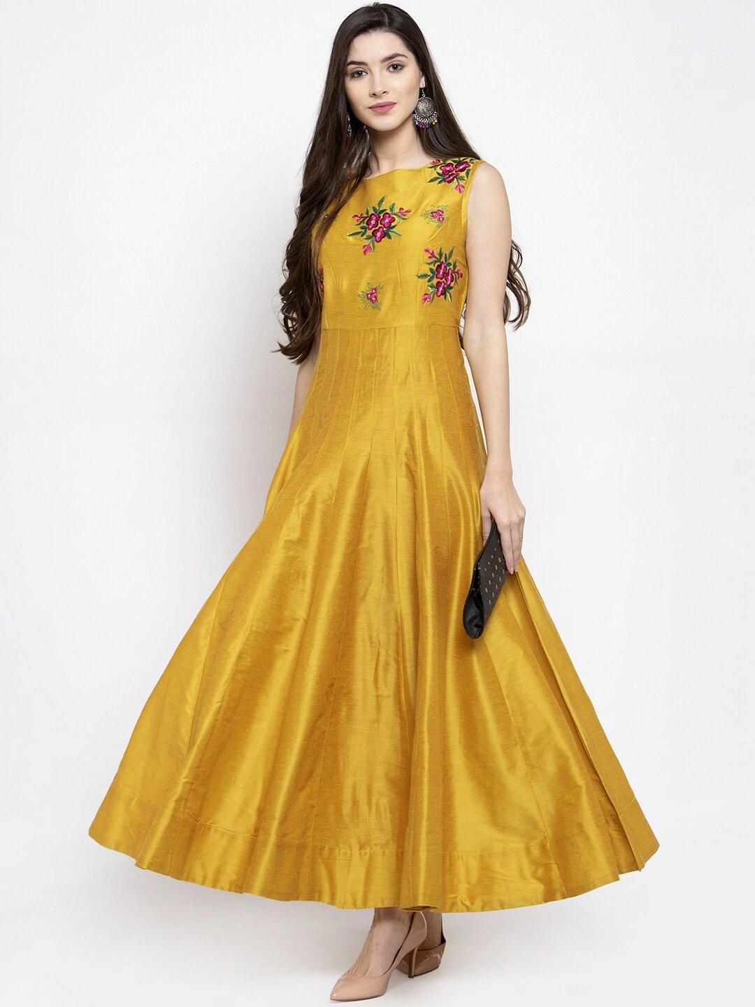 Bhama Couture Women Yellow Floral Printed Maxi Dress-S-1