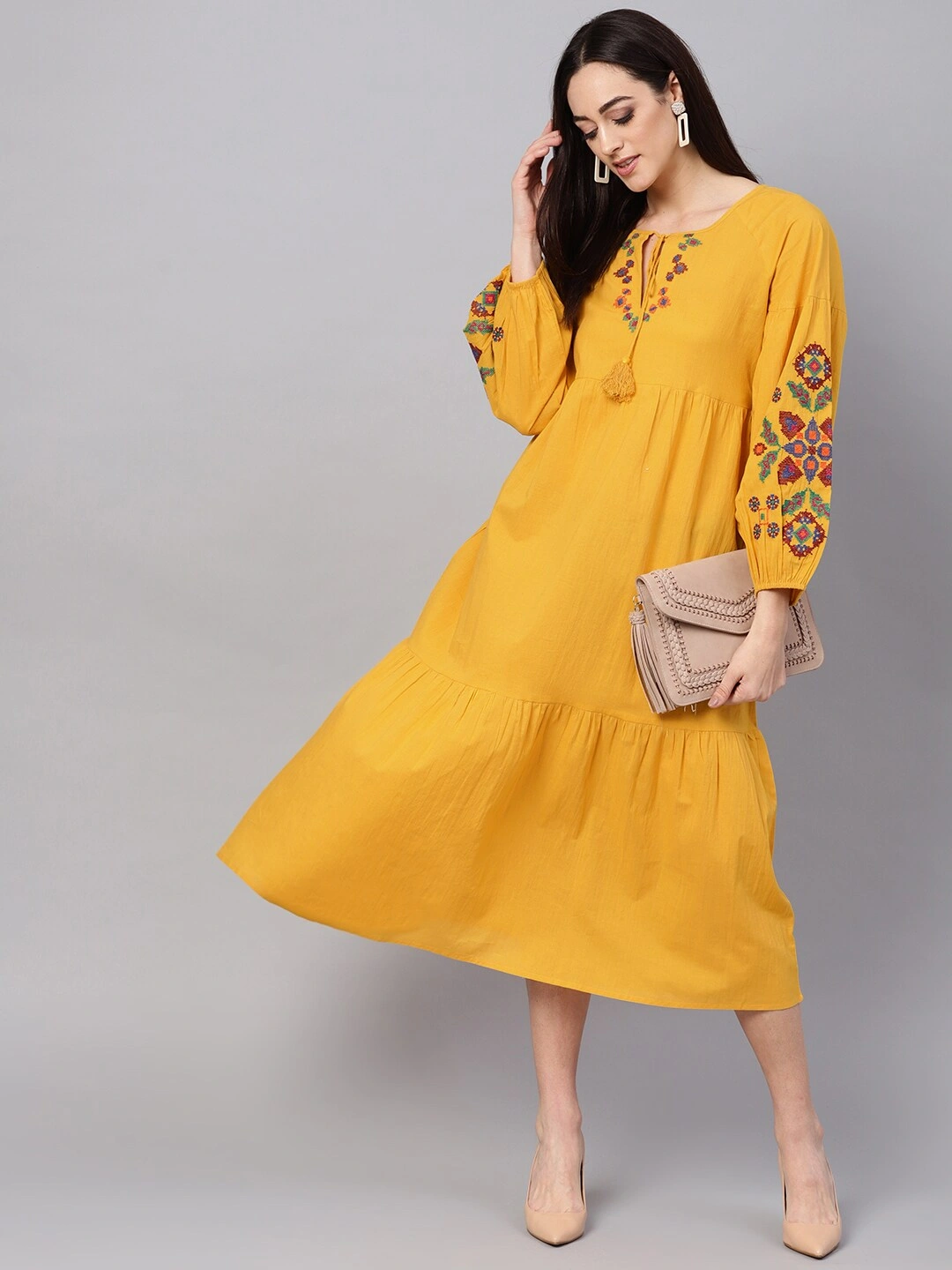 Bhama Couture Women Mustard Yellow Solid Tiered A-Line Dress-L-1